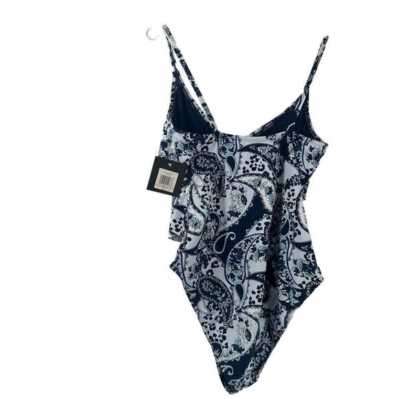 Ellen Tracy Swimsuit Size 10 One Piece Navy Blue Paisley Double Ruffle Swim NEW - Picture 2 of 8